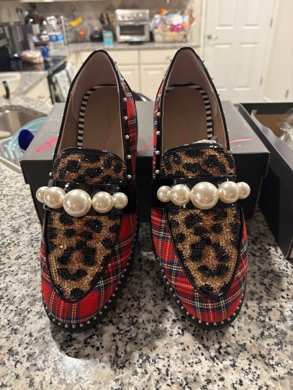 Betsey Johnson Red Plaid & Leopard Pearl-Embellished Loafer - Picture 2 of 5